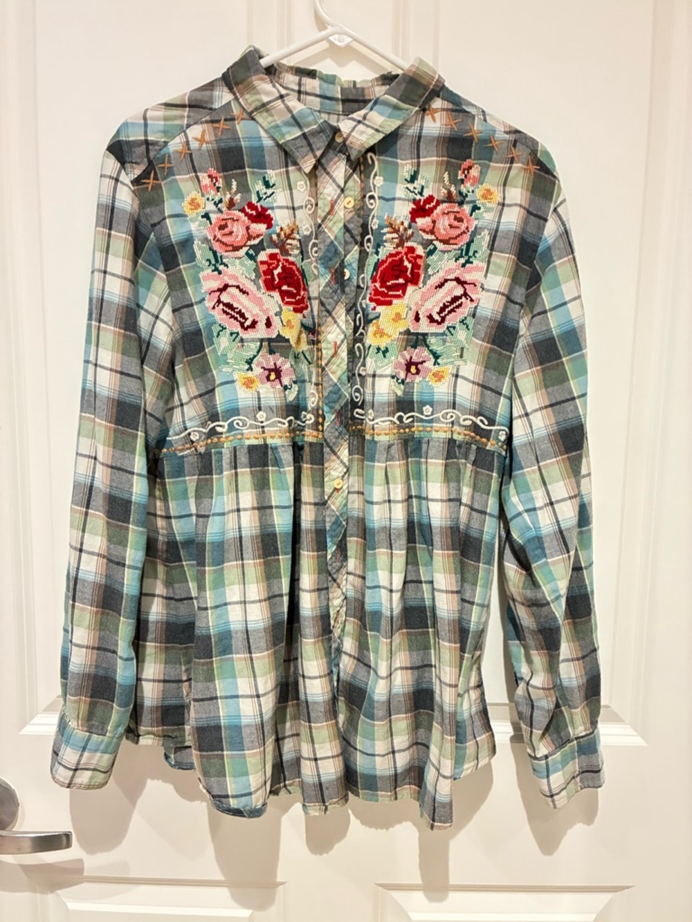 Johnny Was Flannel Plaid Button-Up in Teal, Green, Cream, Gray